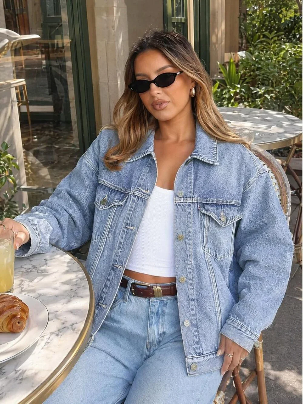 Women's Light Blue Oversized Trucker Jeans Jacket Long Sleeve Button Down Coat
